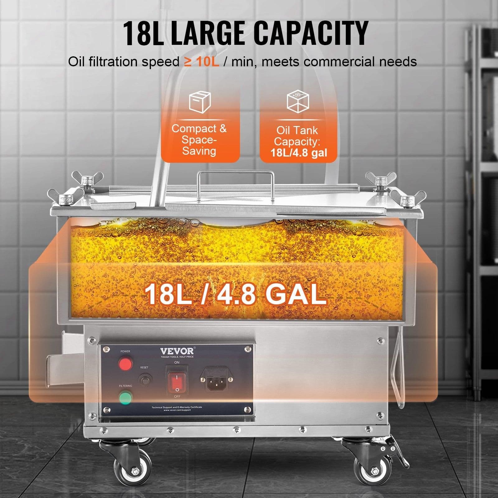 image-VEVOR Portable Oil Filtering Unit, 18L Capacity, 10 L/min Filtering Speed, Equipped with Swivel Casters and Oil Hose, Ideal for Fast Food Venues