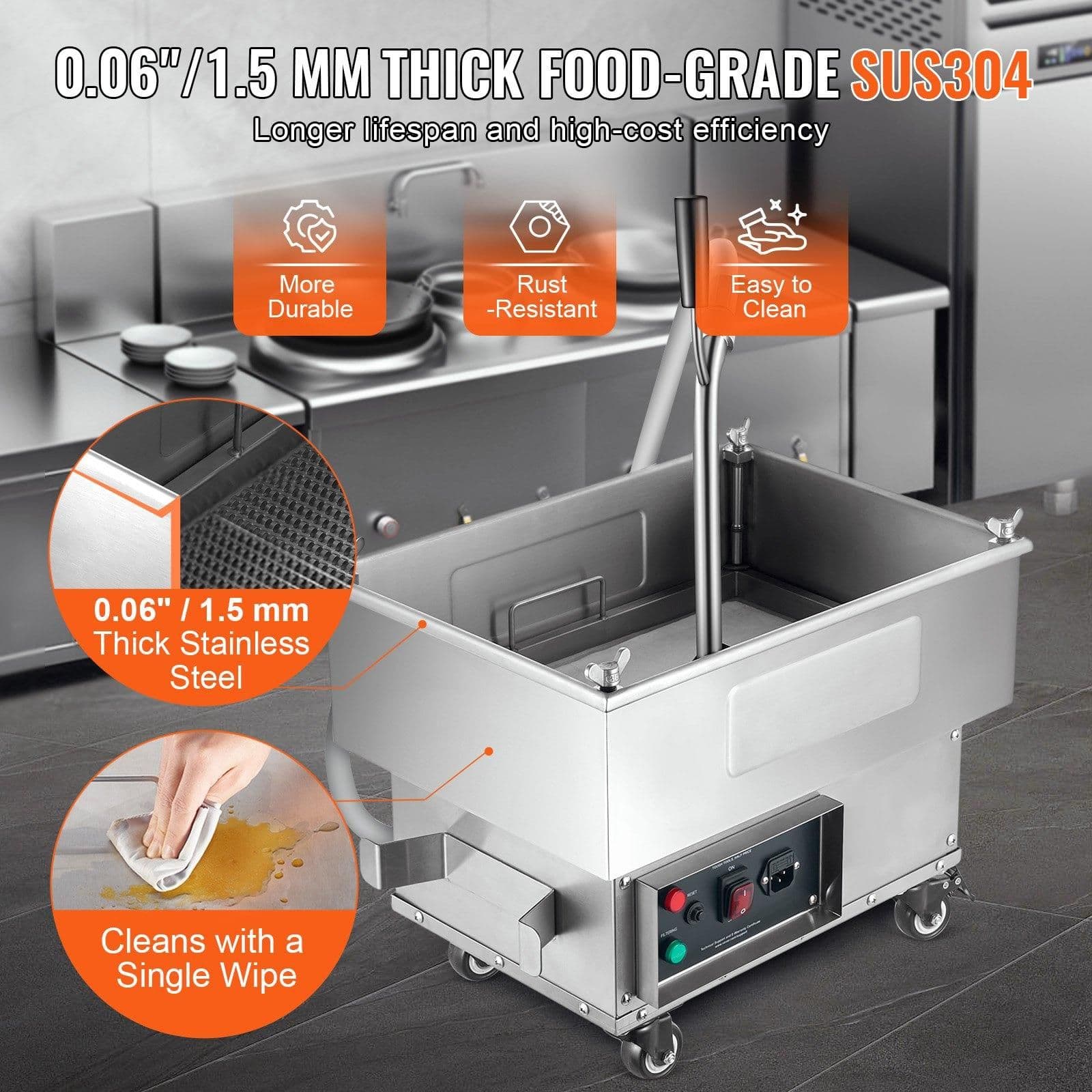 image-VEVOR Portable Oil Filtering Unit, 18L Capacity, 10 L/min Filtering Speed, Equipped with Swivel Casters and Oil Hose, Ideal for Fast Food Venues