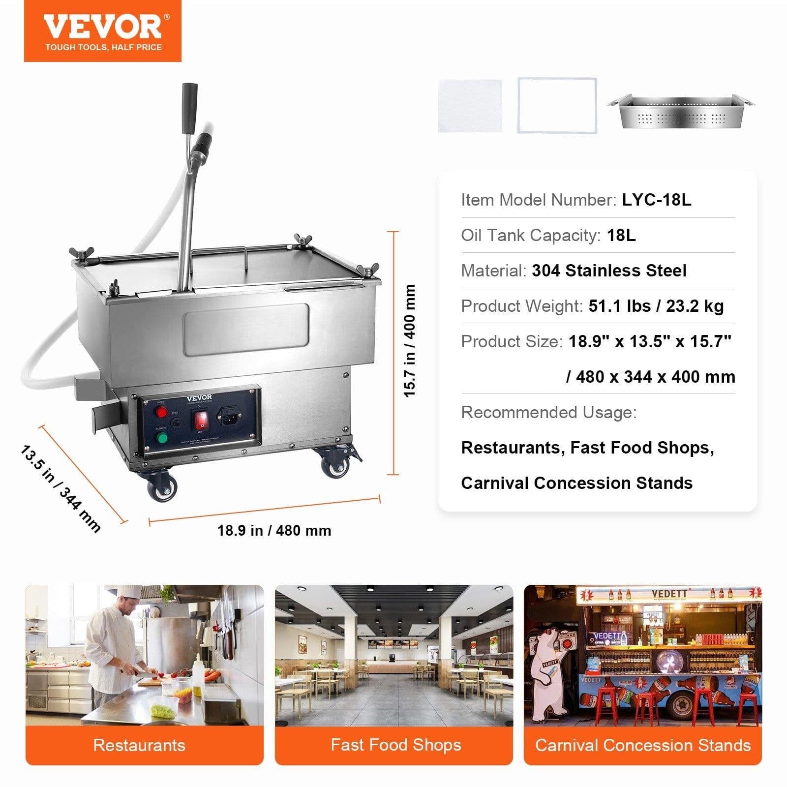 image-VEVOR Portable Oil Filtering Unit, 18L Capacity, 10 L/min Filtering Speed, Equipped with Swivel Casters and Oil Hose, Ideal for Fast Food Venues