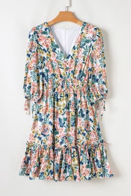 image-Sky Blue Floral V-Neck High Waist Dress 3/4 Sleeves Elegant