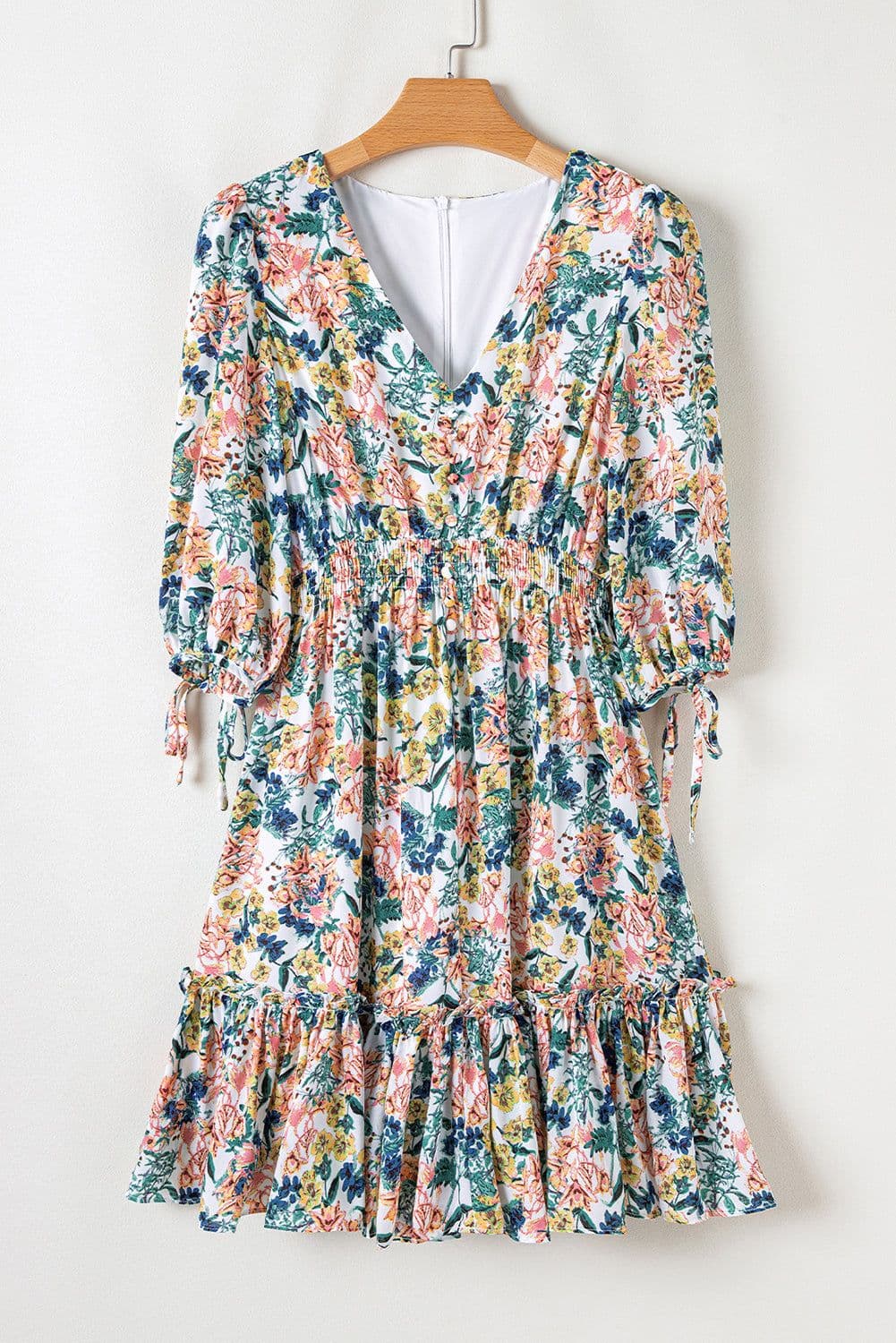 image-Sky Blue Floral V-Neck High Waist Dress 3/4 Sleeves Elegant