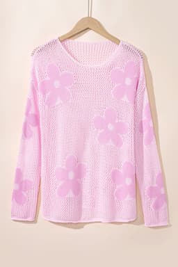 image-Light Pink Hollowed Knit Drop Shoulder Sweater - Chic & Feminine