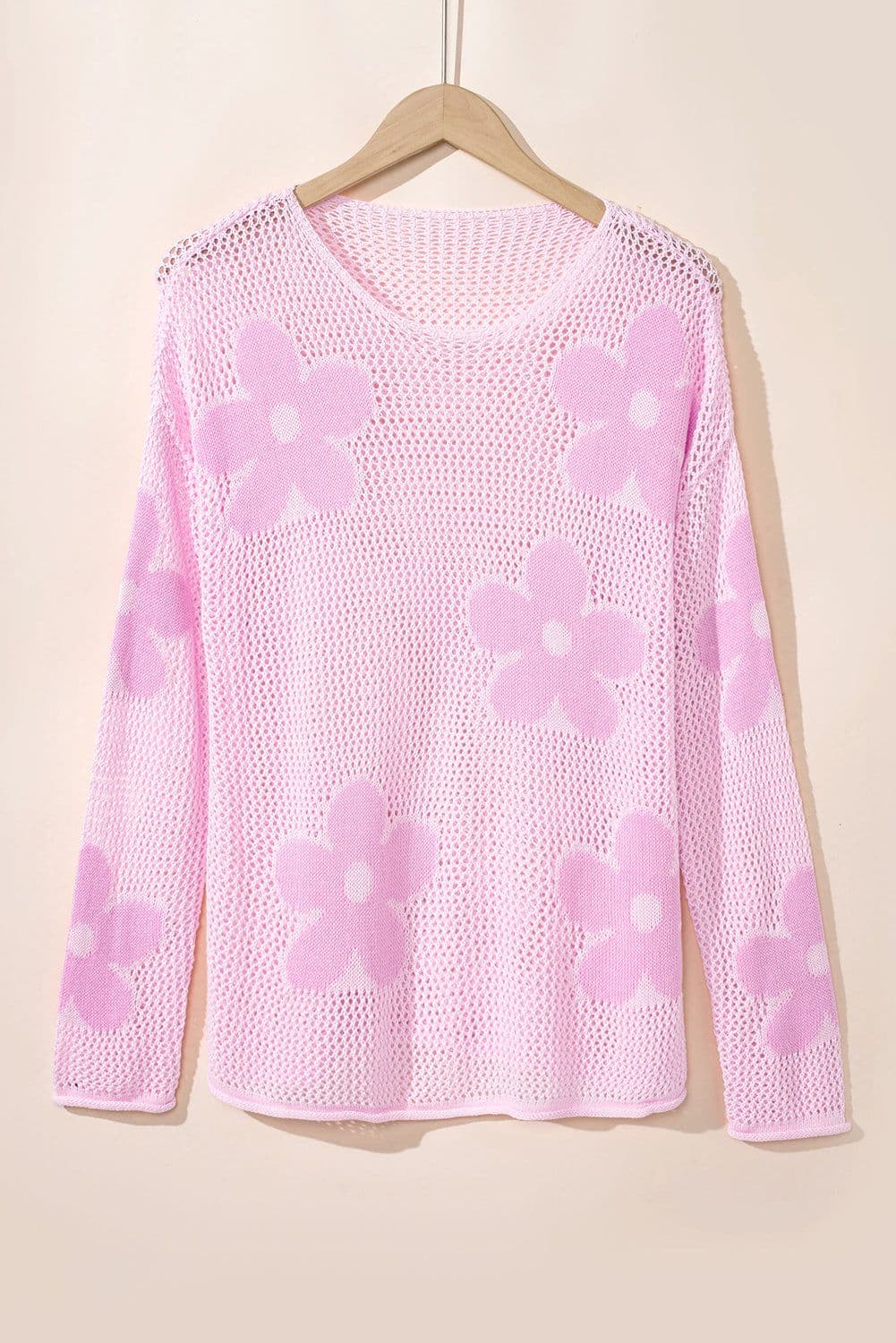 image-Light Pink Hollowed Knit Drop Shoulder Sweater - Chic & Feminine