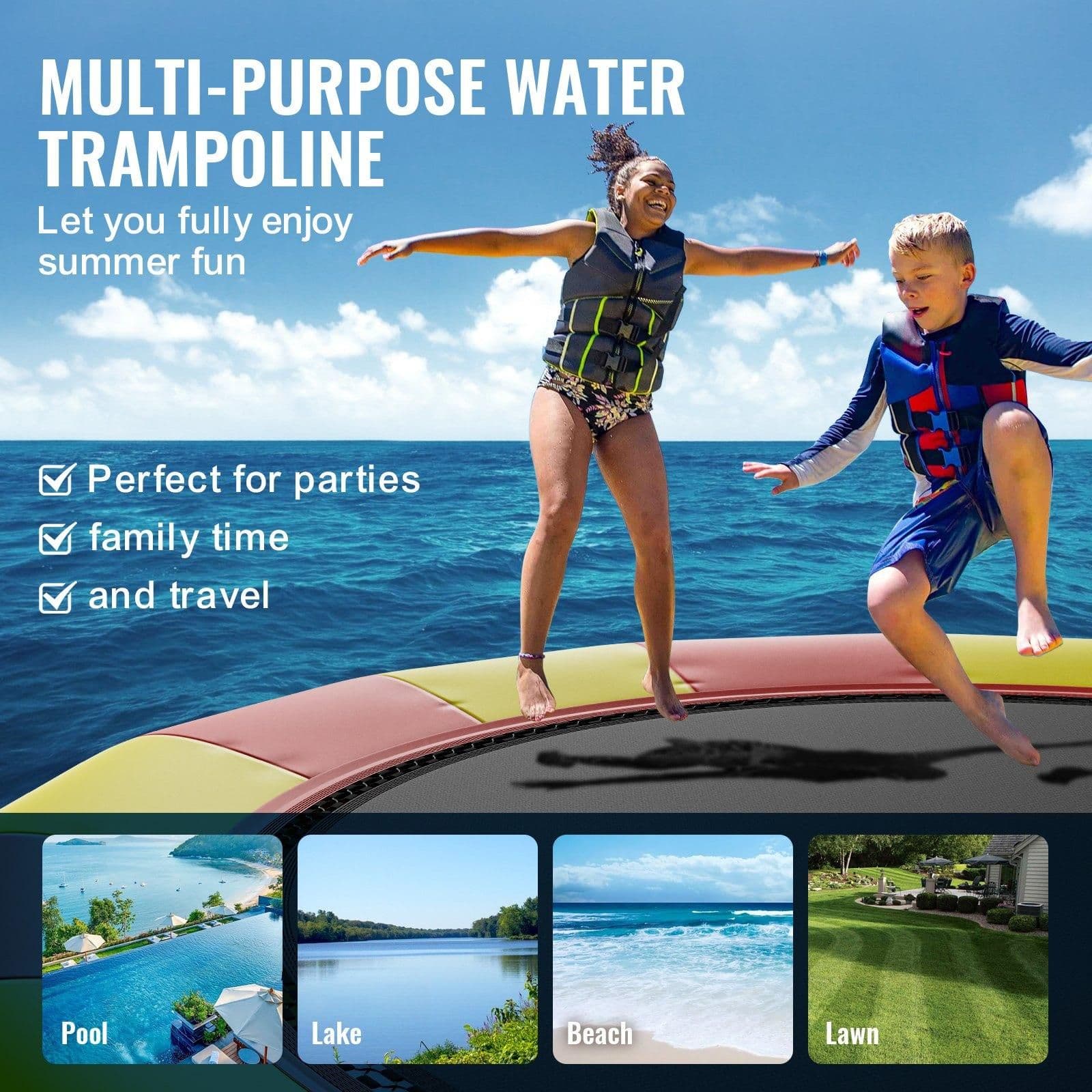 image-VEVOR Inflatable Water Bouncer, 17ft Recreational Water Trampoline, Portable Bounce Swim Platform with 5-Step Ladder & Electric Air Pump, Kids Adults Floating Rebounder for Pool, Lake, Water Sports