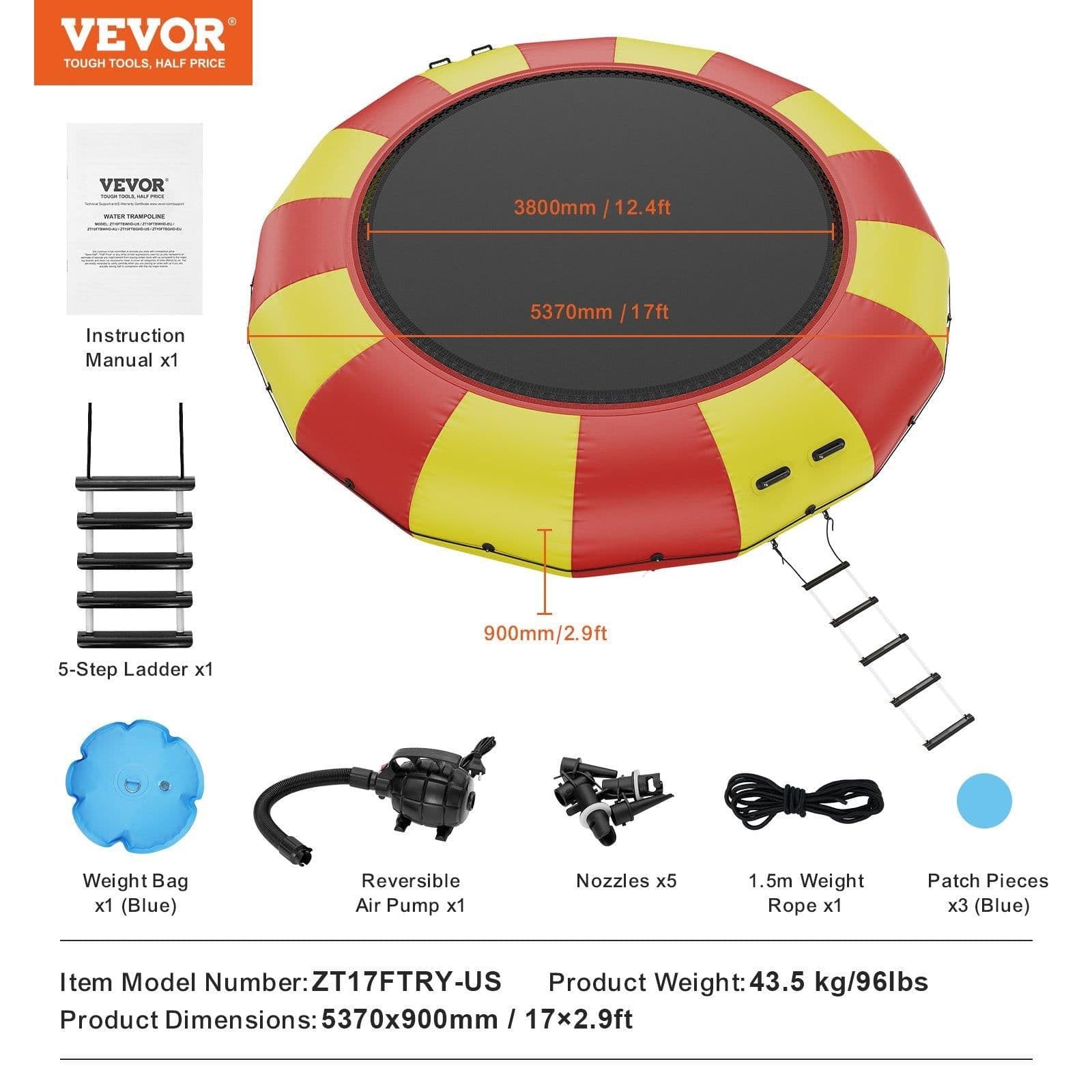 image-VEVOR Inflatable Water Bouncer, 17ft Recreational Water Trampoline, Portable Bounce Swim Platform with 5-Step Ladder & Electric Air Pump, Kids Adults Floating Rebounder for Pool, Lake, Water Sports