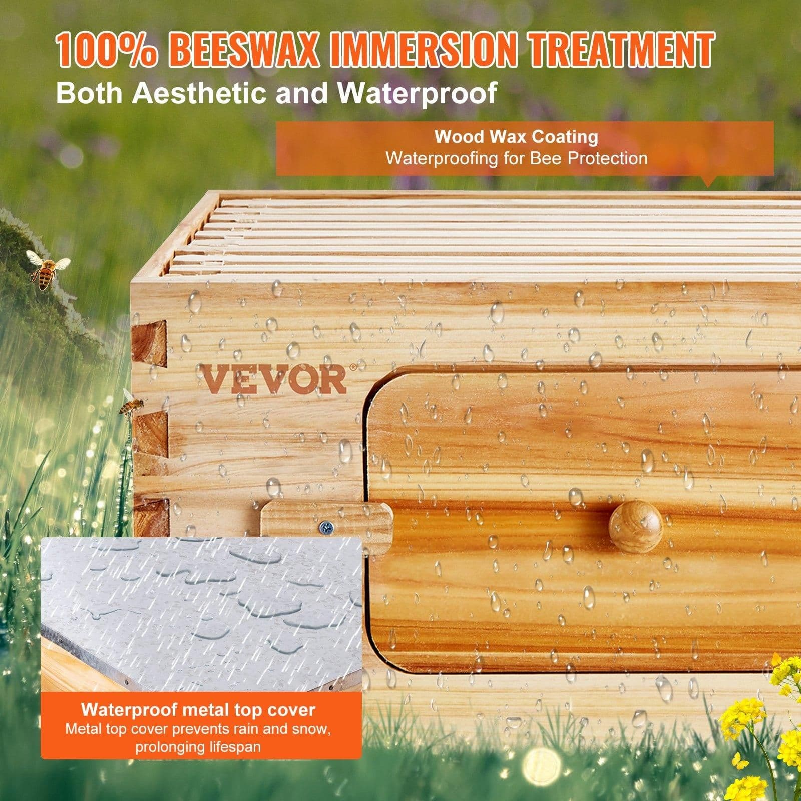image-VEVOR Bee Hive 20 Frame Bee Hives Starter Kit, Beeswax Coated Fir Wood, 1 Deep + 1 Medium Bee Boxes Langstroth Beehive Kit, Transparent Acrylic Windows with Foundations for Beginners Pro Beekeepers