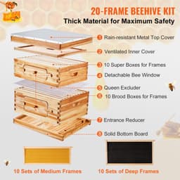 image-VEVOR Bee Hive 20 Frame Bee Hives Starter Kit, Beeswax Coated Fir Wood, 1 Deep + 1 Medium Bee Boxes Langstroth Beehive Kit, Transparent Acrylic Windows with Foundations for Beginners Pro Beekeepers