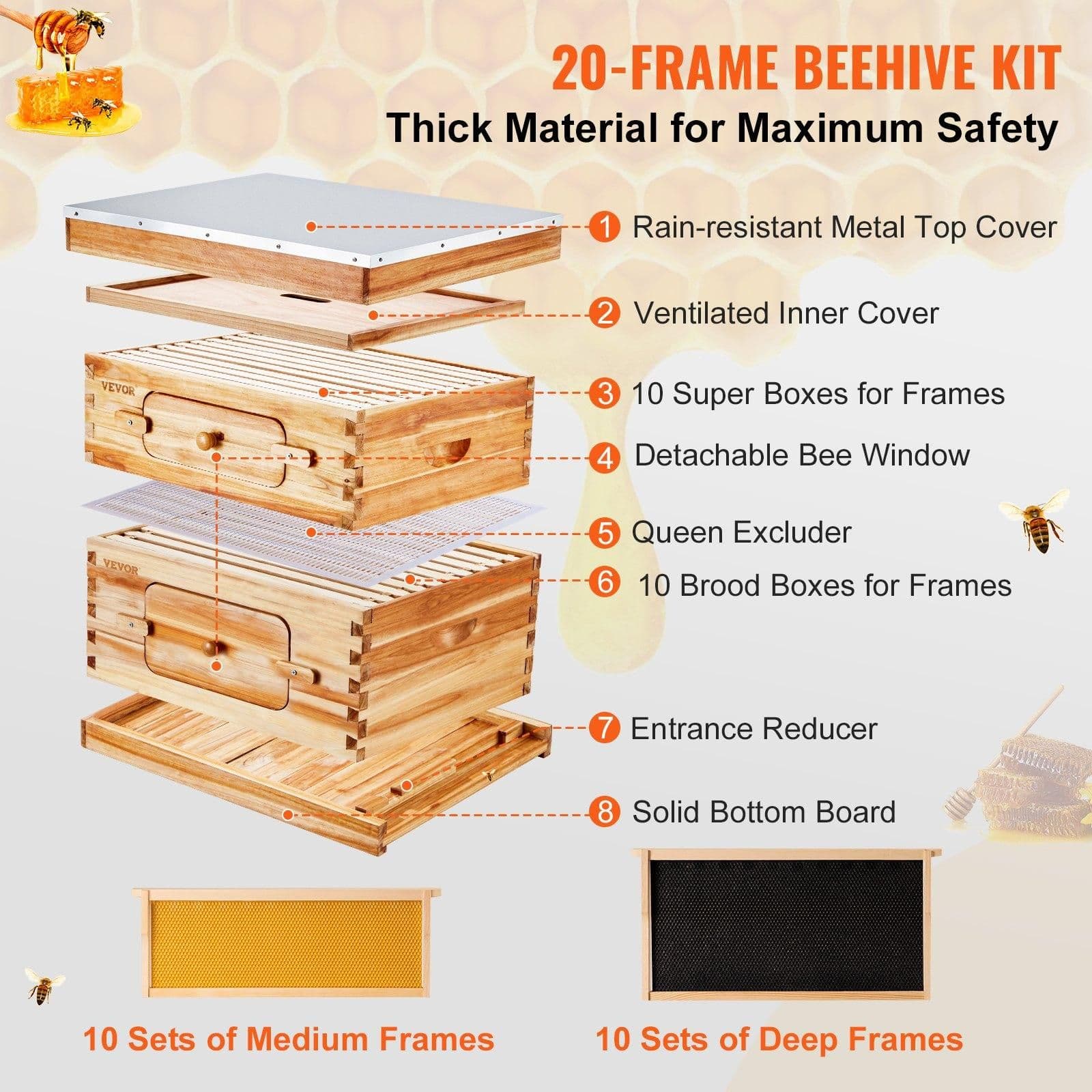 image-VEVOR Bee Hive 20 Frame Bee Hives Starter Kit, Beeswax Coated Fir Wood, 1 Deep + 1 Medium Bee Boxes Langstroth Beehive Kit, Transparent Acrylic Windows with Foundations for Beginners Pro Beekeepers