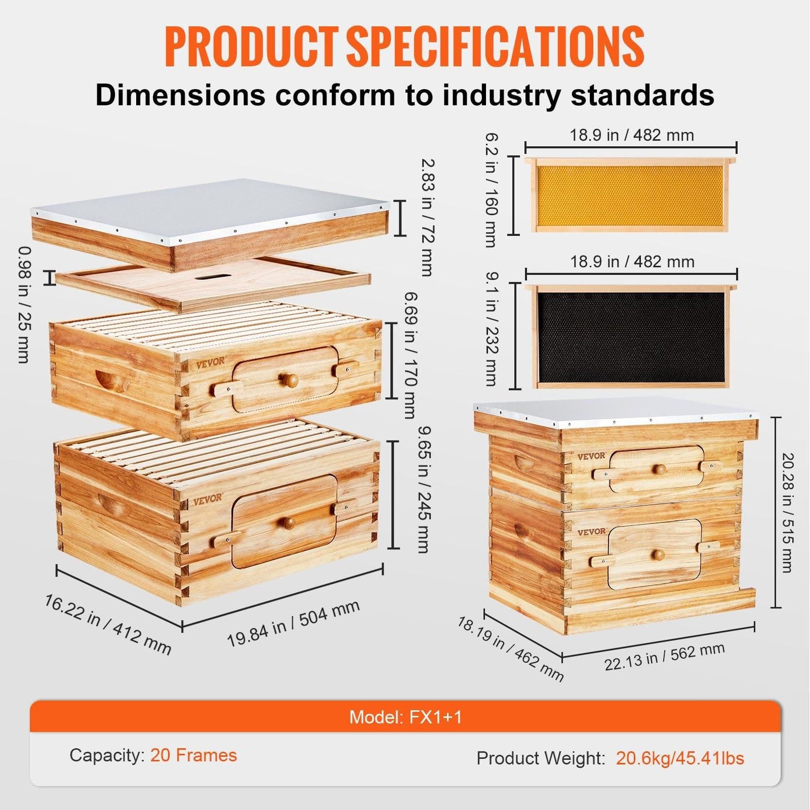 image-VEVOR Bee Hive 20 Frame Bee Hives Starter Kit, Beeswax Coated Fir Wood, 1 Deep + 1 Medium Bee Boxes Langstroth Beehive Kit, Transparent Acrylic Windows with Foundations for Beginners Pro Beekeepers