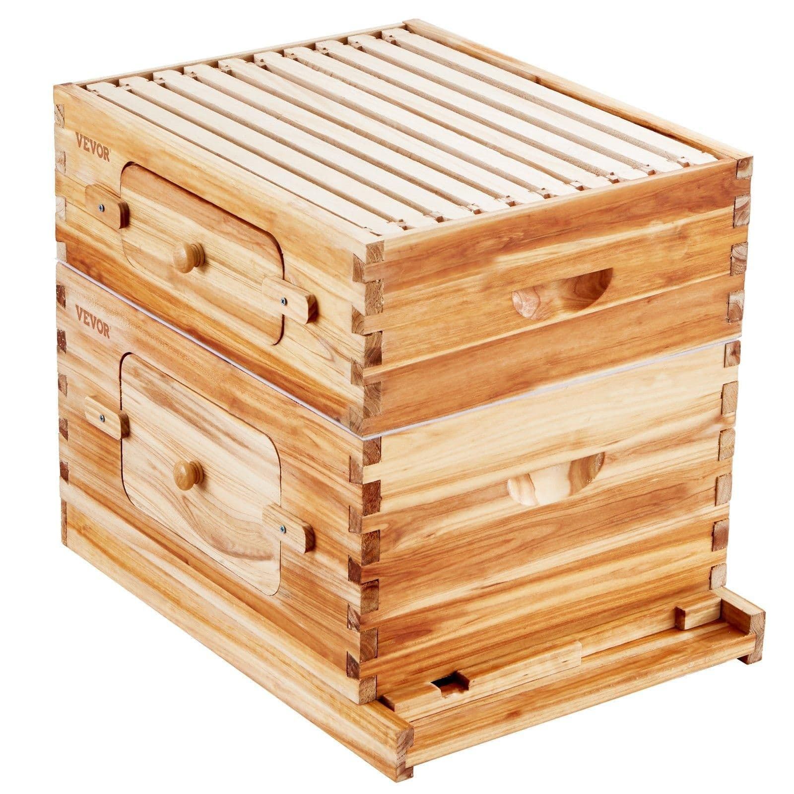 image-VEVOR Bee Hive 20 Frame Bee Hives Starter Kit, Beeswax Coated Fir Wood, 1 Deep + 1 Medium Bee Boxes Langstroth Beehive Kit, Transparent Acrylic Windows with Foundations for Beginners Pro Beekeepers