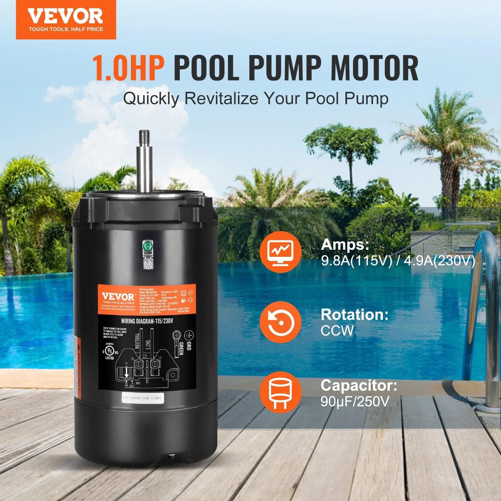 image-VEVOR 1 HP Pool Pump Motor, 56J Frame, 115V(9.8 Amps)/230V(4.9 Amps) 3450 RPM, 60Hz, 1.4 Service Factor, 90μF/250V Capacitor, CCW Rotation Round Flange Replacement Motor