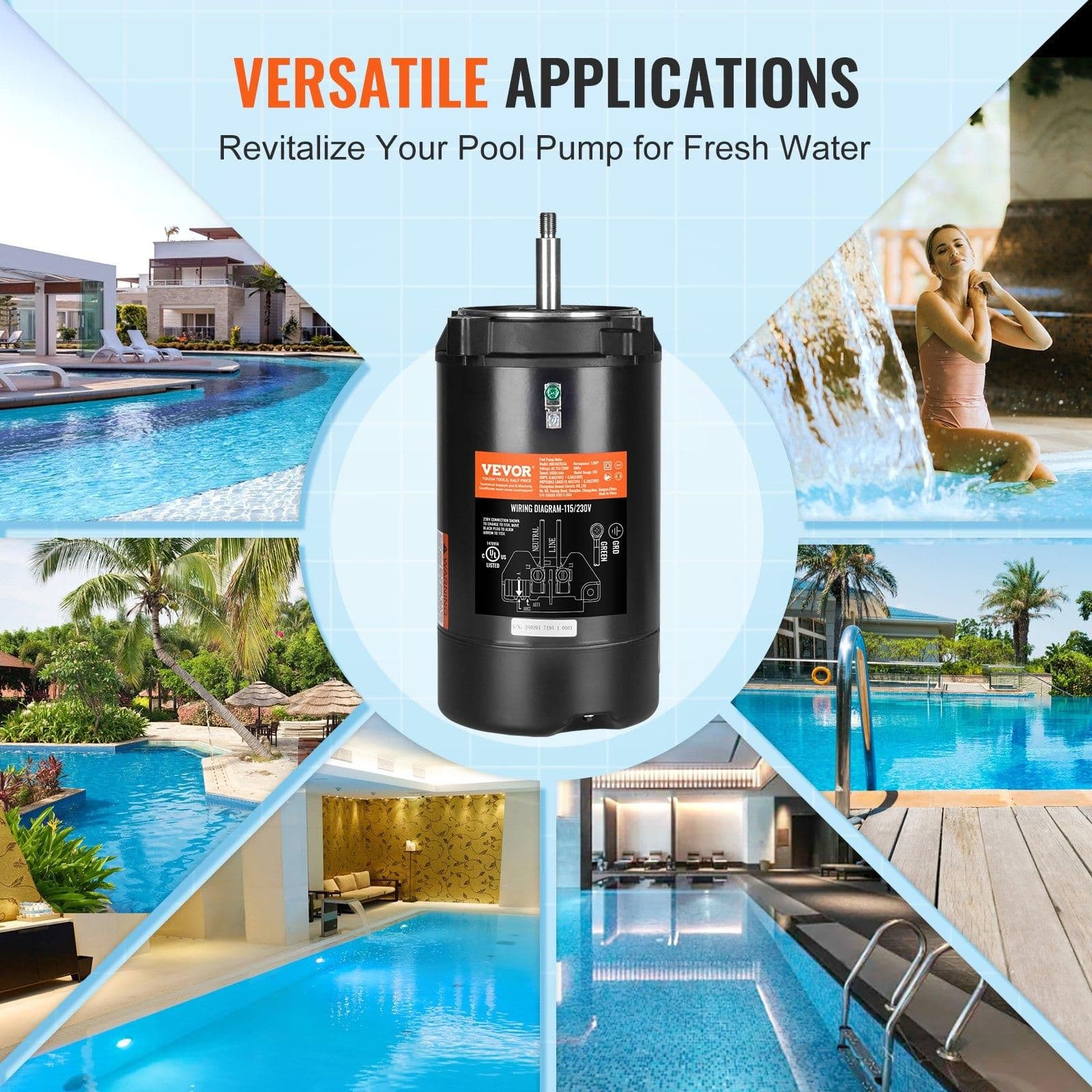 image-VEVOR 1 HP Pool Pump Motor, 56J Frame, 115V(9.8 Amps)/230V(4.9 Amps) 3450 RPM, 60Hz, 1.4 Service Factor, 90μF/250V Capacitor, CCW Rotation Round Flange Replacement Motor