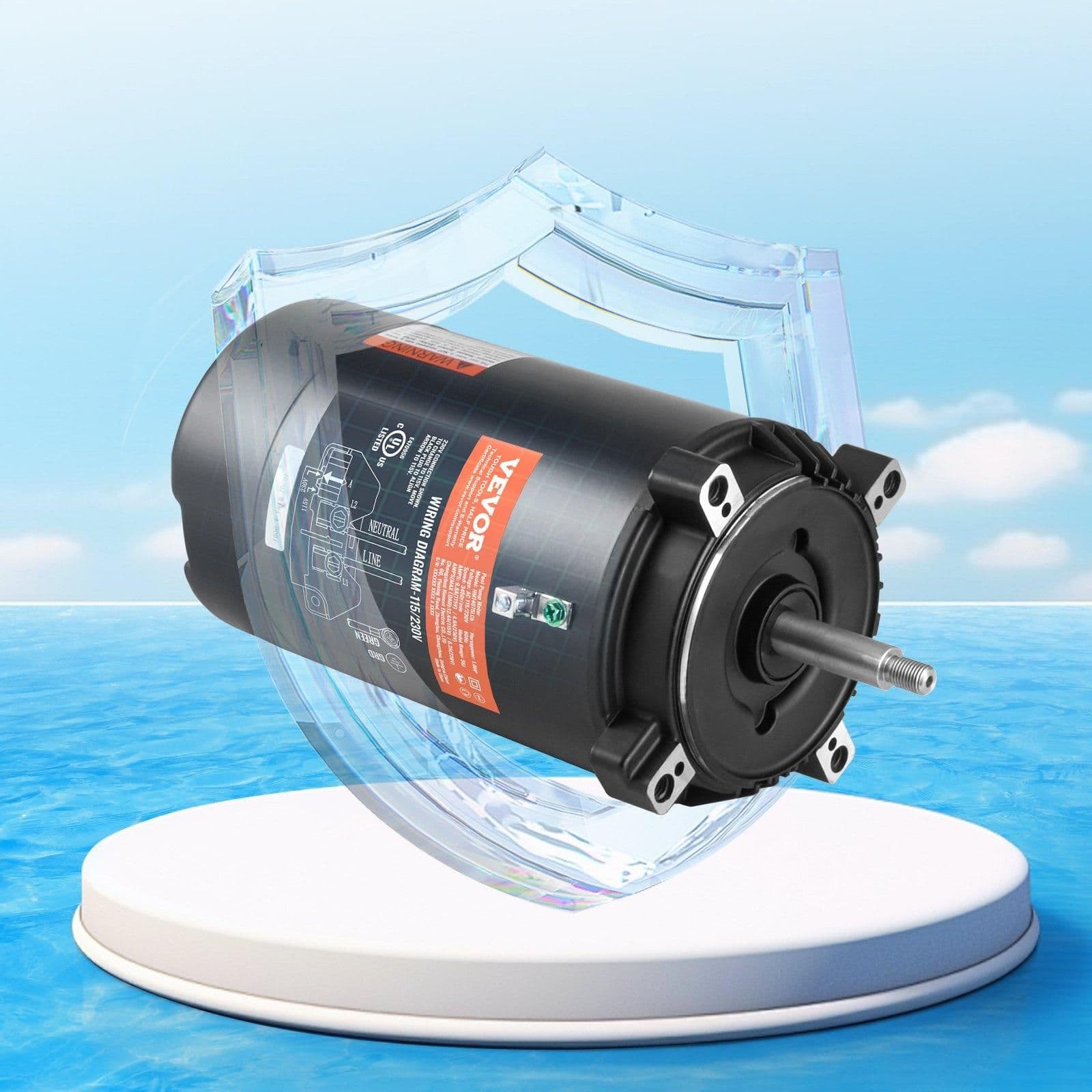 image-VEVOR 1 HP Pool Pump Motor, 56J Frame, 115V(9.8 Amps)/230V(4.9 Amps) 3450 RPM, 60Hz, 1.4 Service Factor, 90μF/250V Capacitor, CCW Rotation Round Flange Replacement Motor