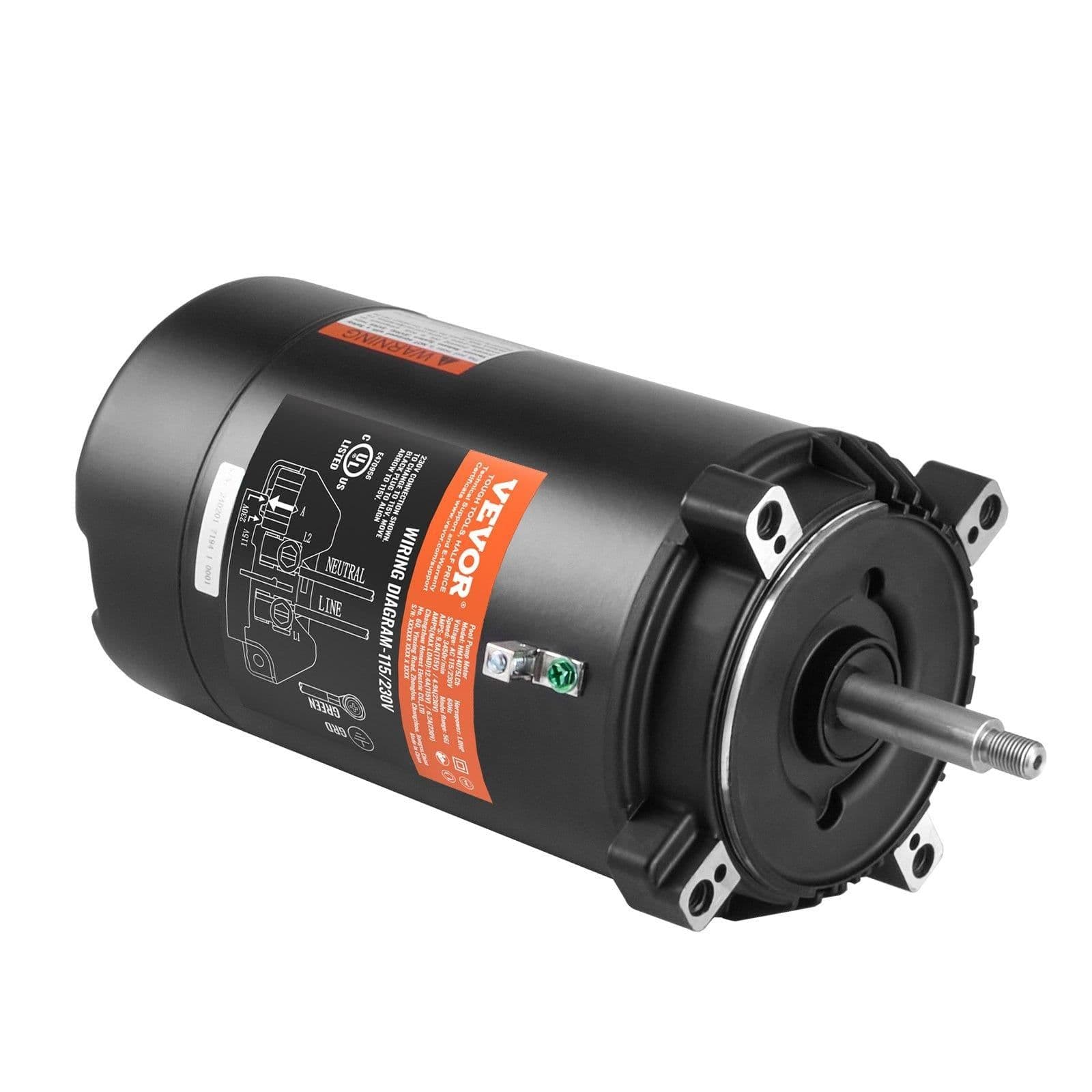 image-VEVOR 1 HP Pool Pump Motor, 56J Frame, 115V(9.8 Amps)/230V(4.9 Amps) 3450 RPM, 60Hz, 1.4 Service Factor, 90μF/250V Capacitor, CCW Rotation Round Flange Replacement Motor