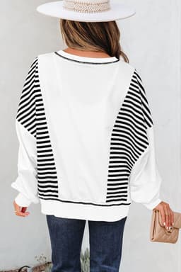 image-Brown Stripe Colorblock Patchwork Sweatshirt Oversized
