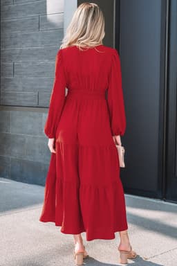 image-Racing Red Contrast Embroidered Detail Cinched Waist Tiered Long Sleeve Maxi Dress