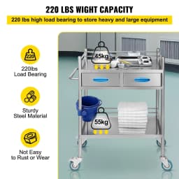 image-VEVOR Lab Serving Cart, 2 Layers Stainless Steel Utility Rolling Cart, Medical Cart with Two Drawers, Dental Utility Cart with Lockable Wheels and A Bucket, for Laboratory, Hospital, Dental Use