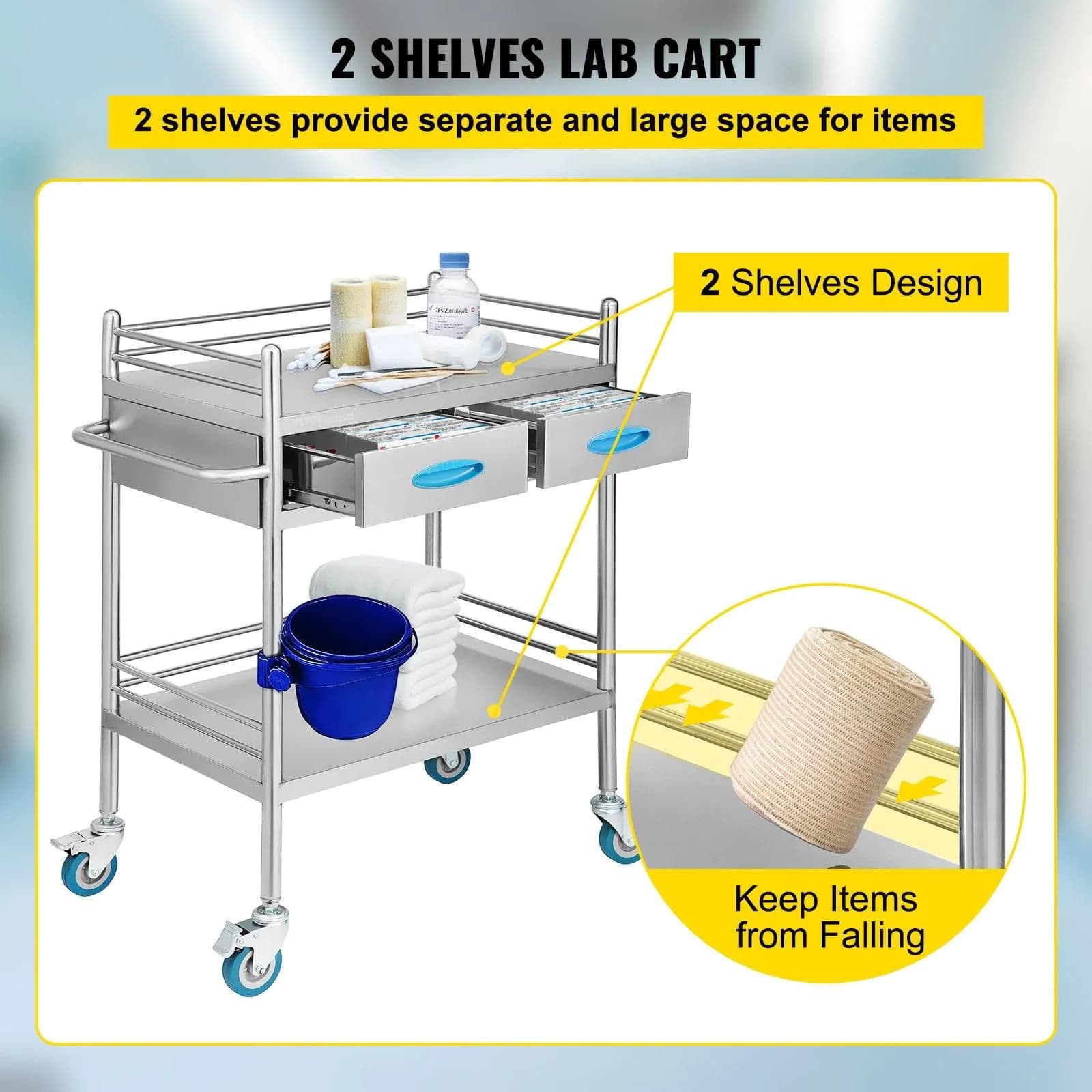 image-VEVOR Lab Serving Cart, 2 Layers Stainless Steel Utility Rolling Cart, Medical Cart with Two Drawers, Dental Utility Cart with Lockable Wheels and A Bucket, for Laboratory, Hospital, Dental Use
