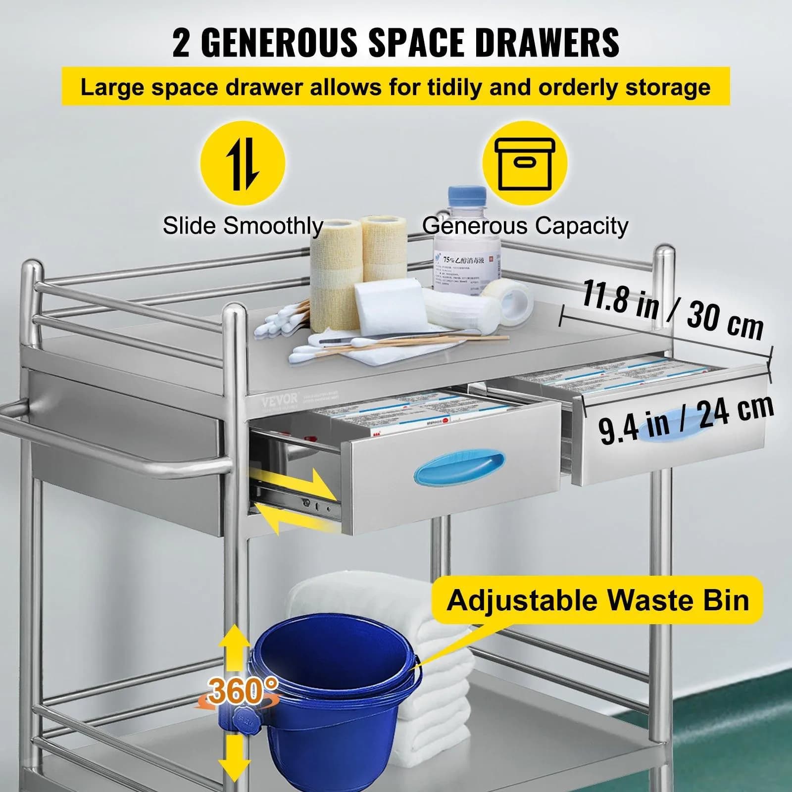 image-VEVOR Lab Serving Cart, 2 Layers Stainless Steel Utility Rolling Cart, Medical Cart with Two Drawers, Dental Utility Cart with Lockable Wheels and A Bucket, for Laboratory, Hospital, Dental Use