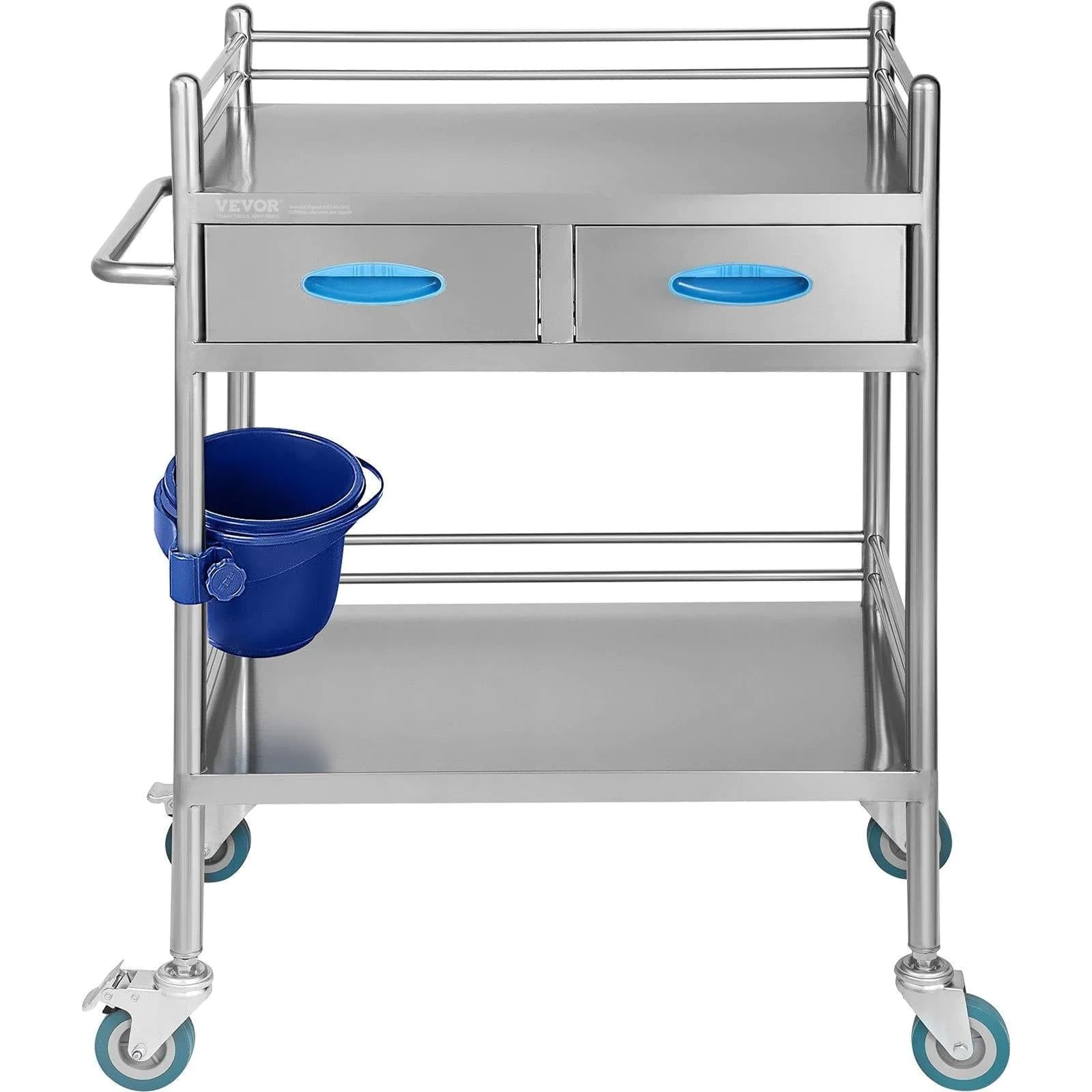 image-VEVOR Lab Serving Cart, 2 Layers Stainless Steel Utility Rolling Cart, Medical Cart with Two Drawers, Dental Utility Cart with Lockable Wheels and A Bucket, for Laboratory, Hospital, Dental Use