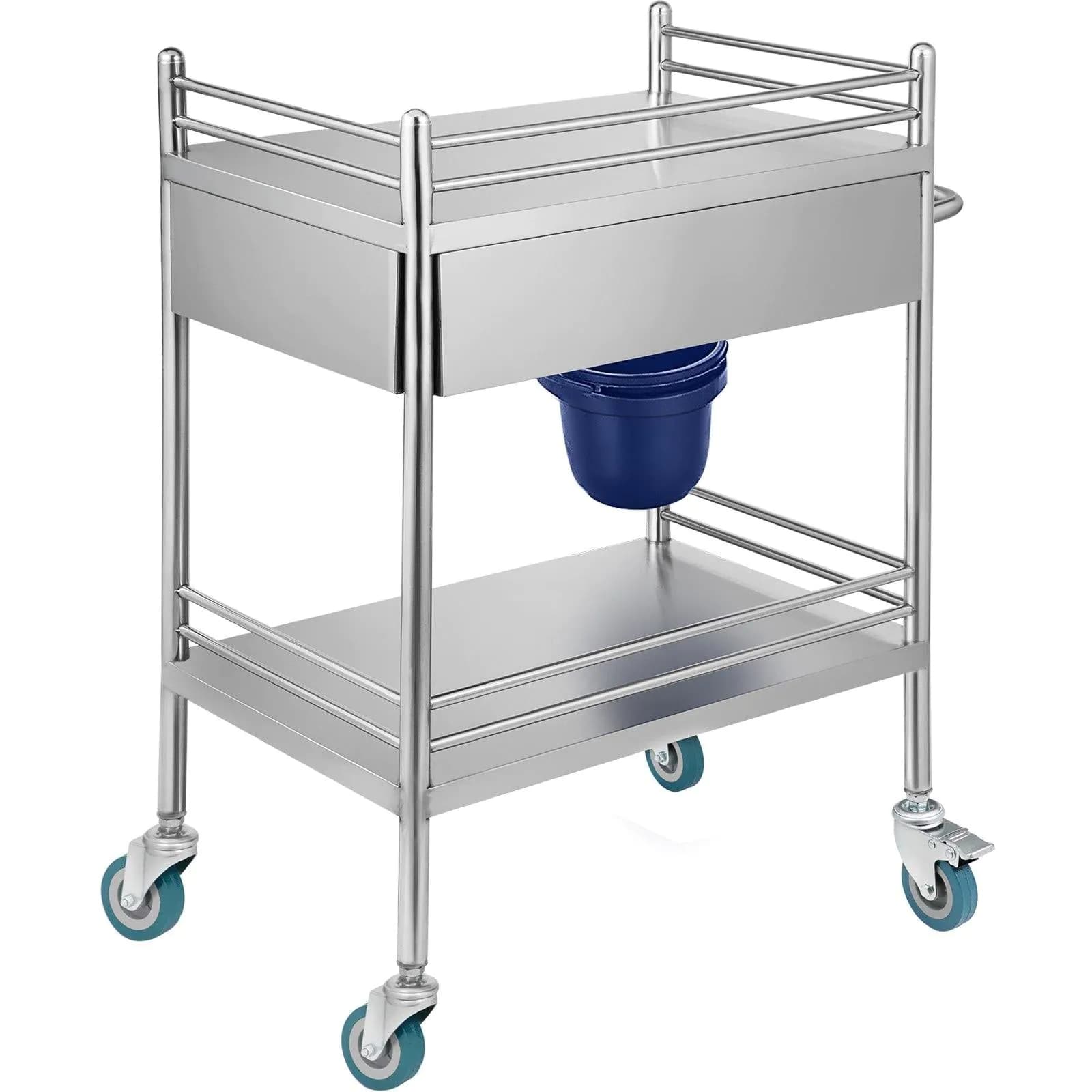 image-VEVOR Lab Serving Cart, 2 Layers Stainless Steel Utility Rolling Cart, Medical Cart with Two Drawers, Dental Utility Cart with Lockable Wheels and A Bucket, for Laboratory, Hospital, Dental Use