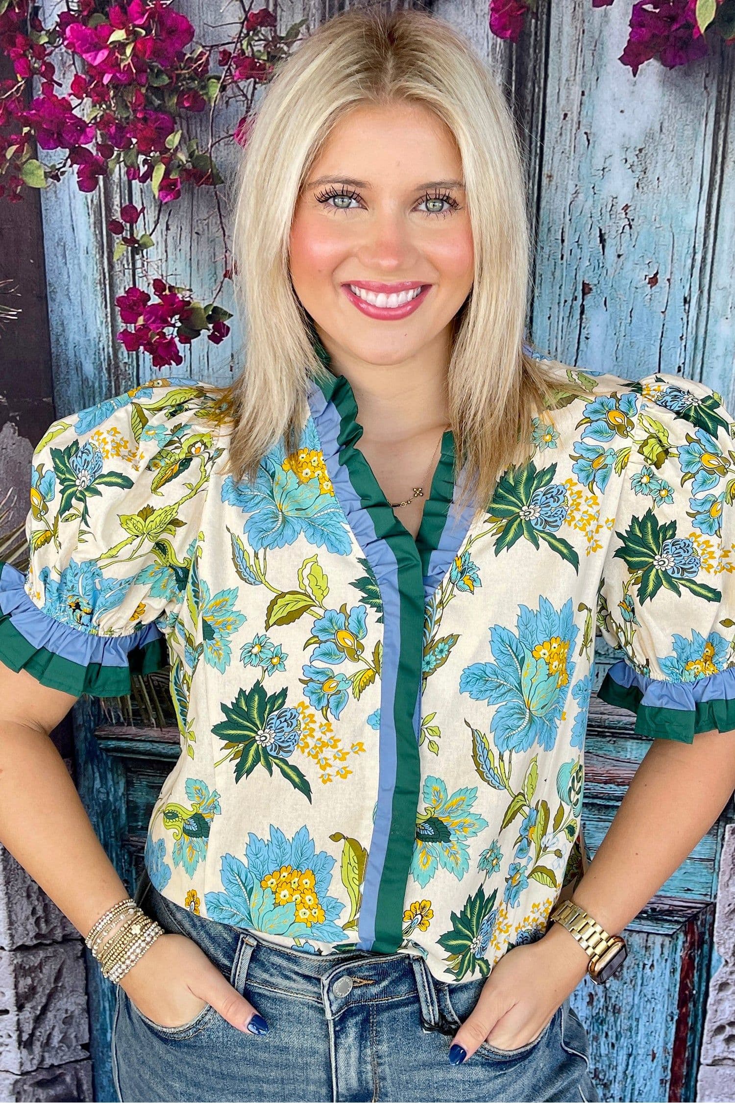 image-Sky Blue Plus Size Frilled V Neck Short Sleeve Floral Blouse