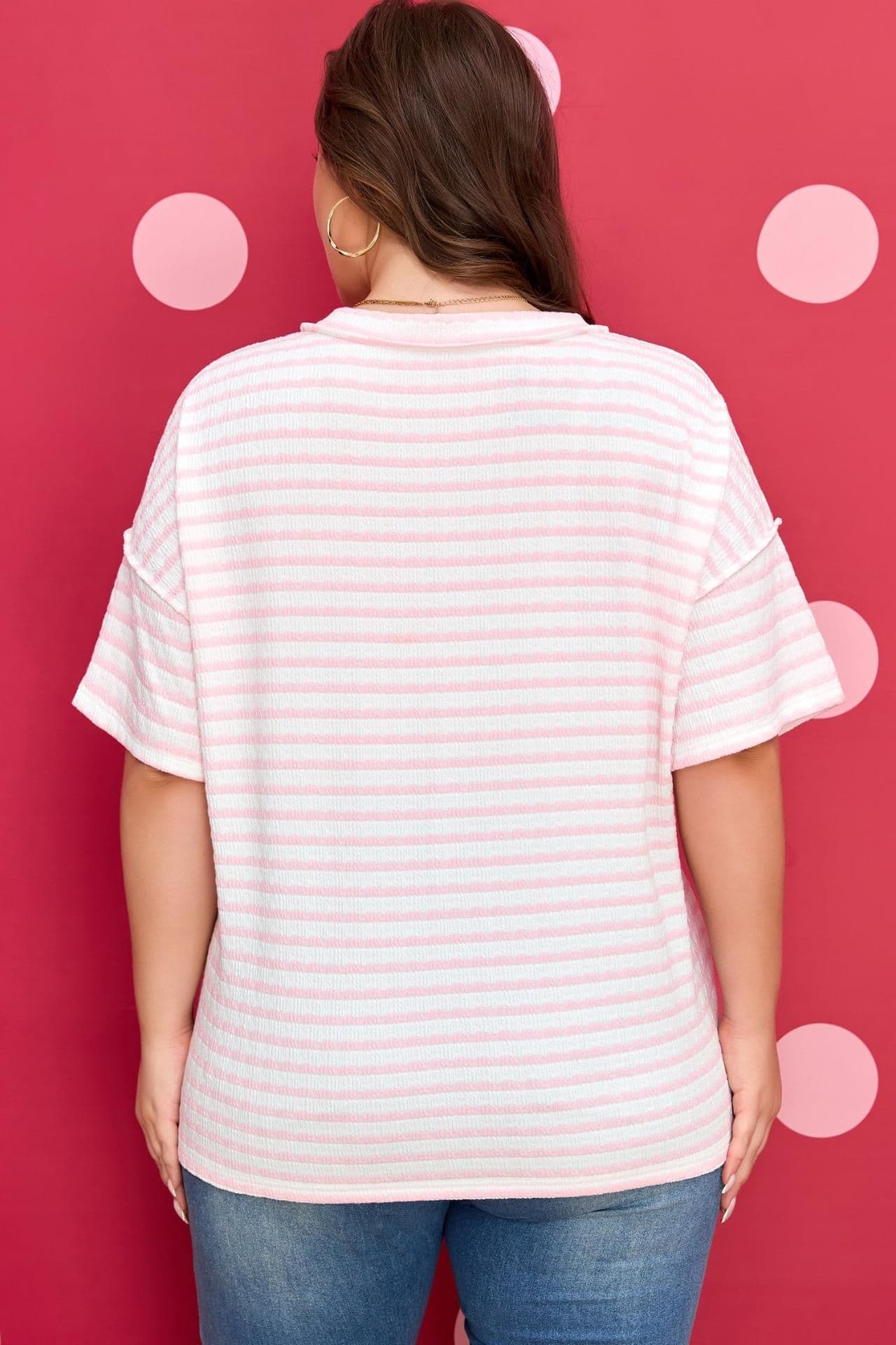 image-Nora Seam Patchwork Plus Size V-Neck Striped T-Shirt