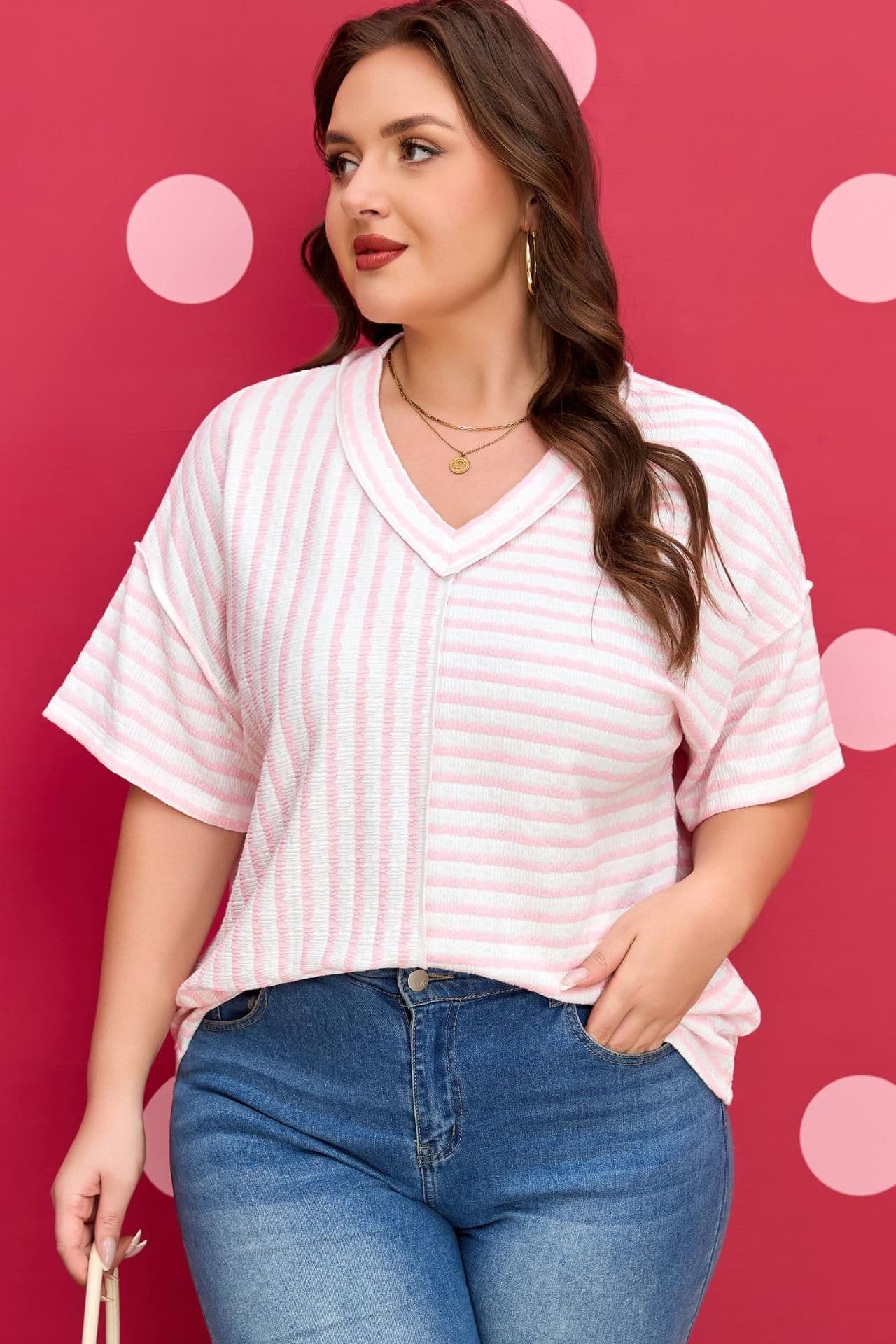 image-Nora Seam Patchwork Plus Size V-Neck Striped T-Shirt