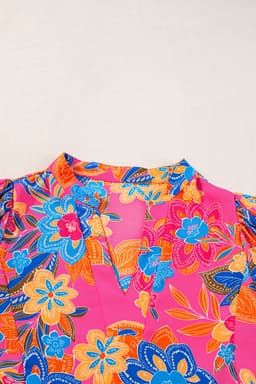 image-Rose Abstract Print Smocked Puff Sleeve V Neck Blouse