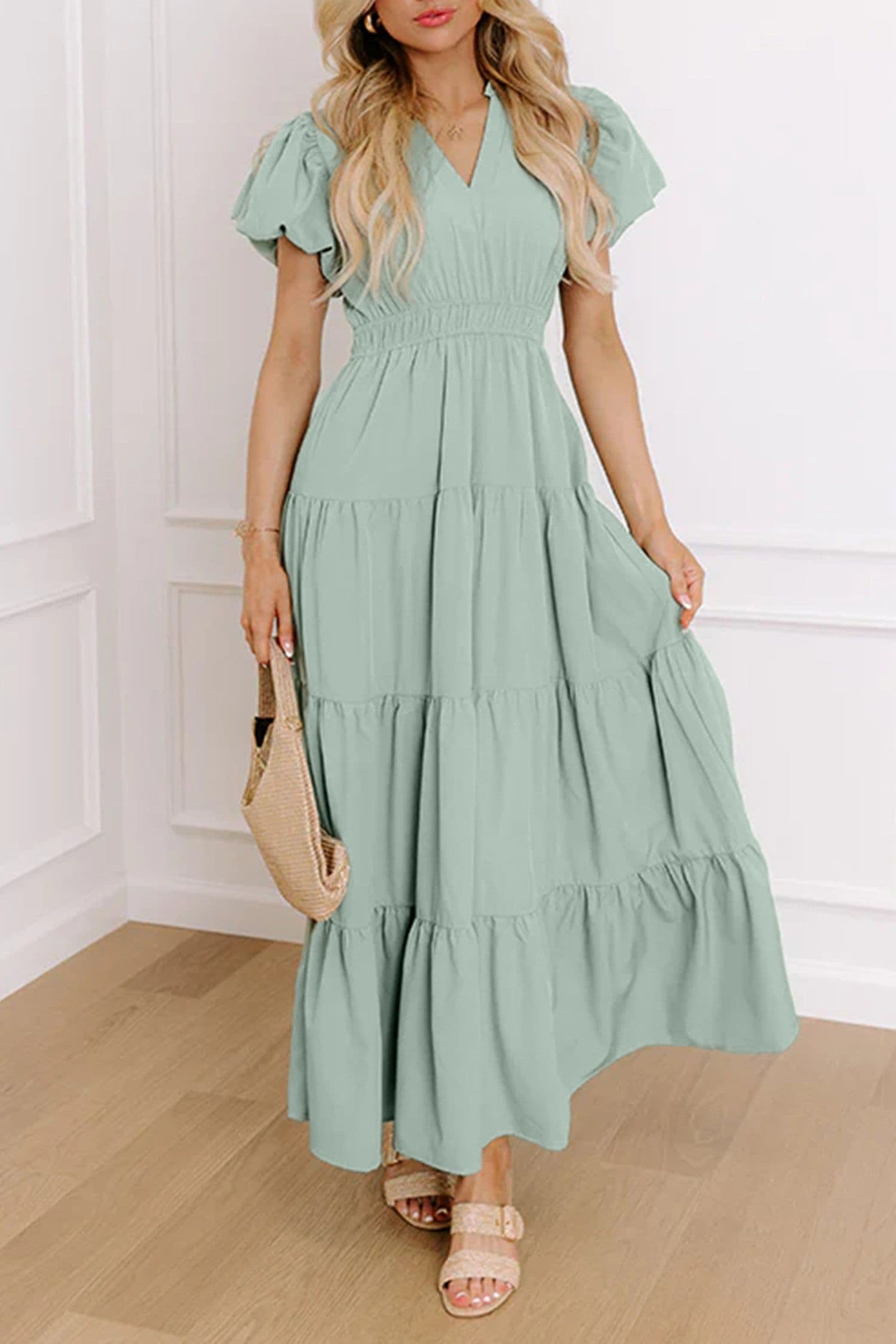 image-Bright Green V Neck Puff Sleeve High Waist Tiered Maxi