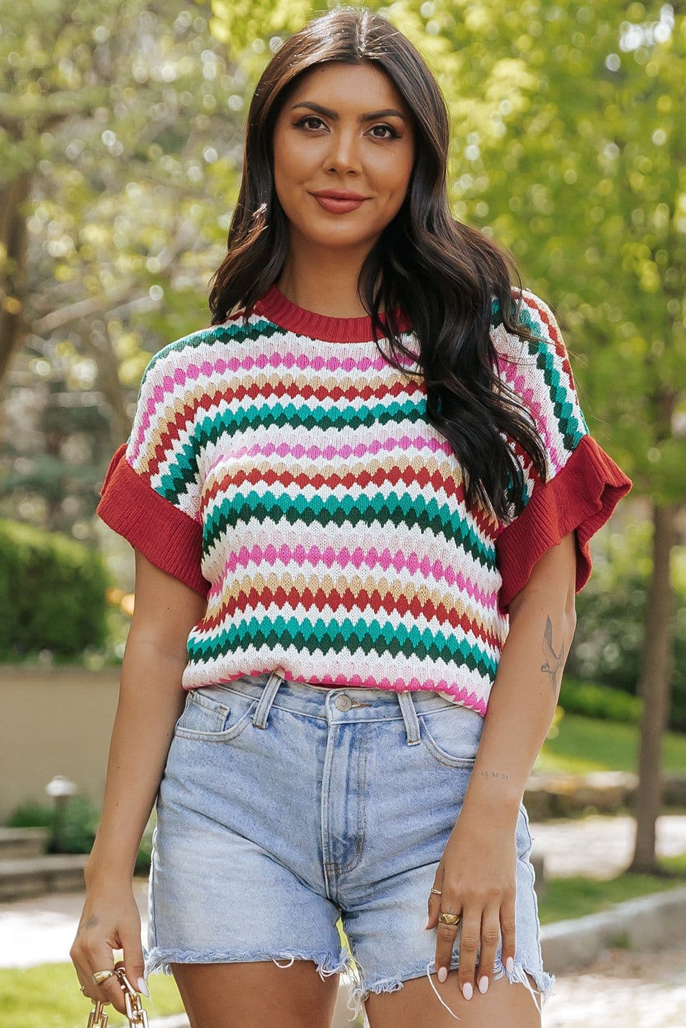 image-Fiery Red Trimmed Ruffle Sleeve Colorful Textured Sweater