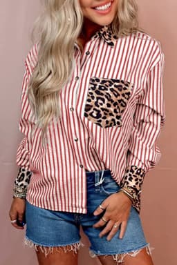 image-Black Striped Leopard Print Patchwork Button Up Womens Shirt
