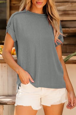 image-Medium Grey Textured Knit T-shirt with Exposed Stitching