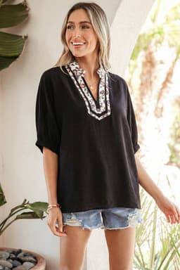 image-Black Dolman Half Sleeve Leopard Patchwork V Neck Blouse