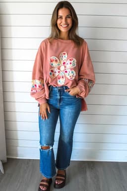 image-Pale Khaki Floral Applique Baggy Pullover Sweatshirt