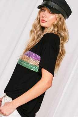 image-Black Sequin Stripes Patchwork Mardi Gras Crew Neck T Shirt