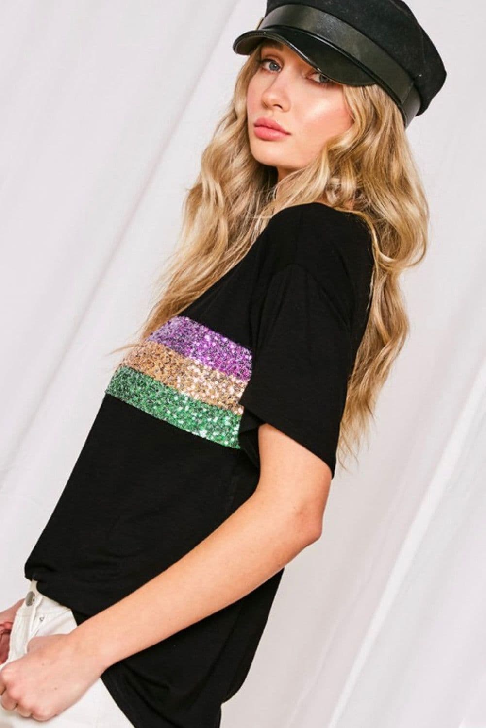 image-Black Sequin Stripes Patchwork Mardi Gras Crew Neck T Shirt