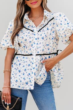 image-White Contrast Trim Floral Puff Short Sleeve Shirt