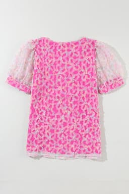 image-Bonbon Flowery Mesh Puff Sleeve Blouse - V-Neck