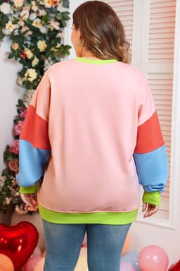 image-Light Pink Plus Size Colorblock Patchwork Crew Neck Sweatshirt