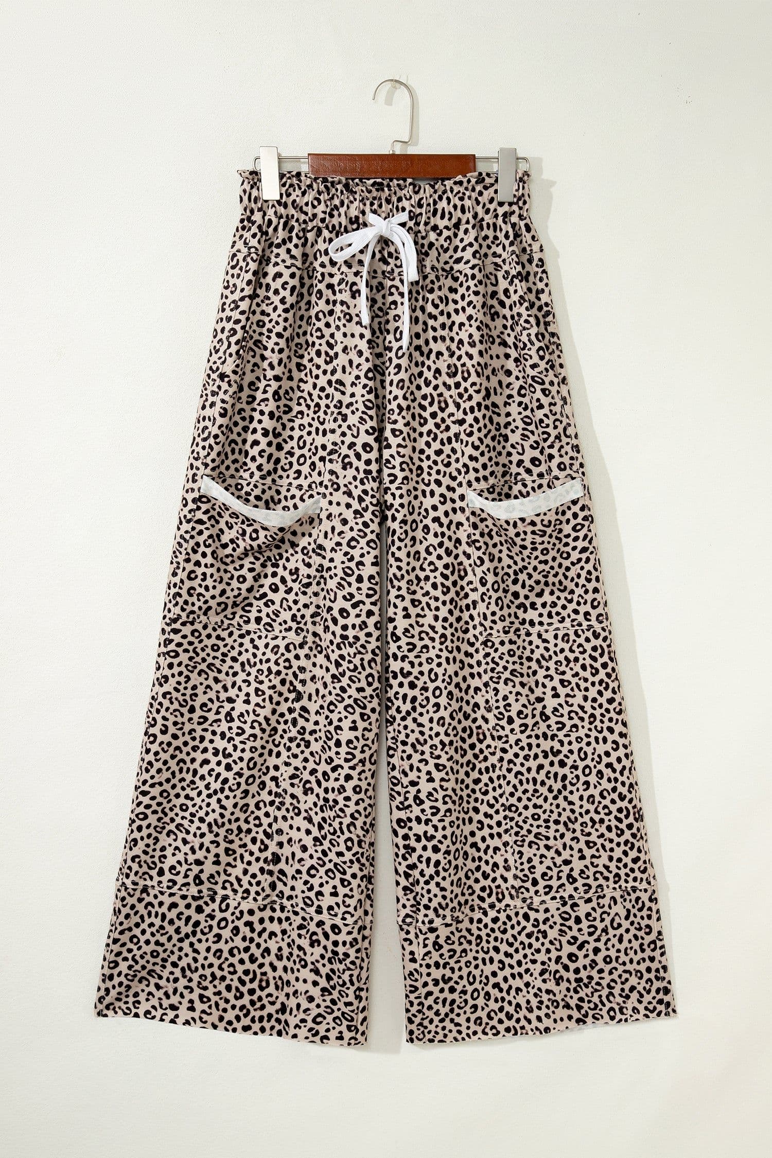 image-Khaki Animal Print Wide Leg Terry Knit Pants