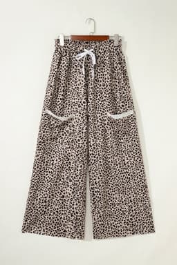 image-Khaki Animal Print Wide Leg Terry Knit Pants