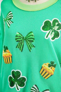 image-Bright Green Twisted Rib St Patricks Day Sequin Patch Graphic Long Sleeve Top