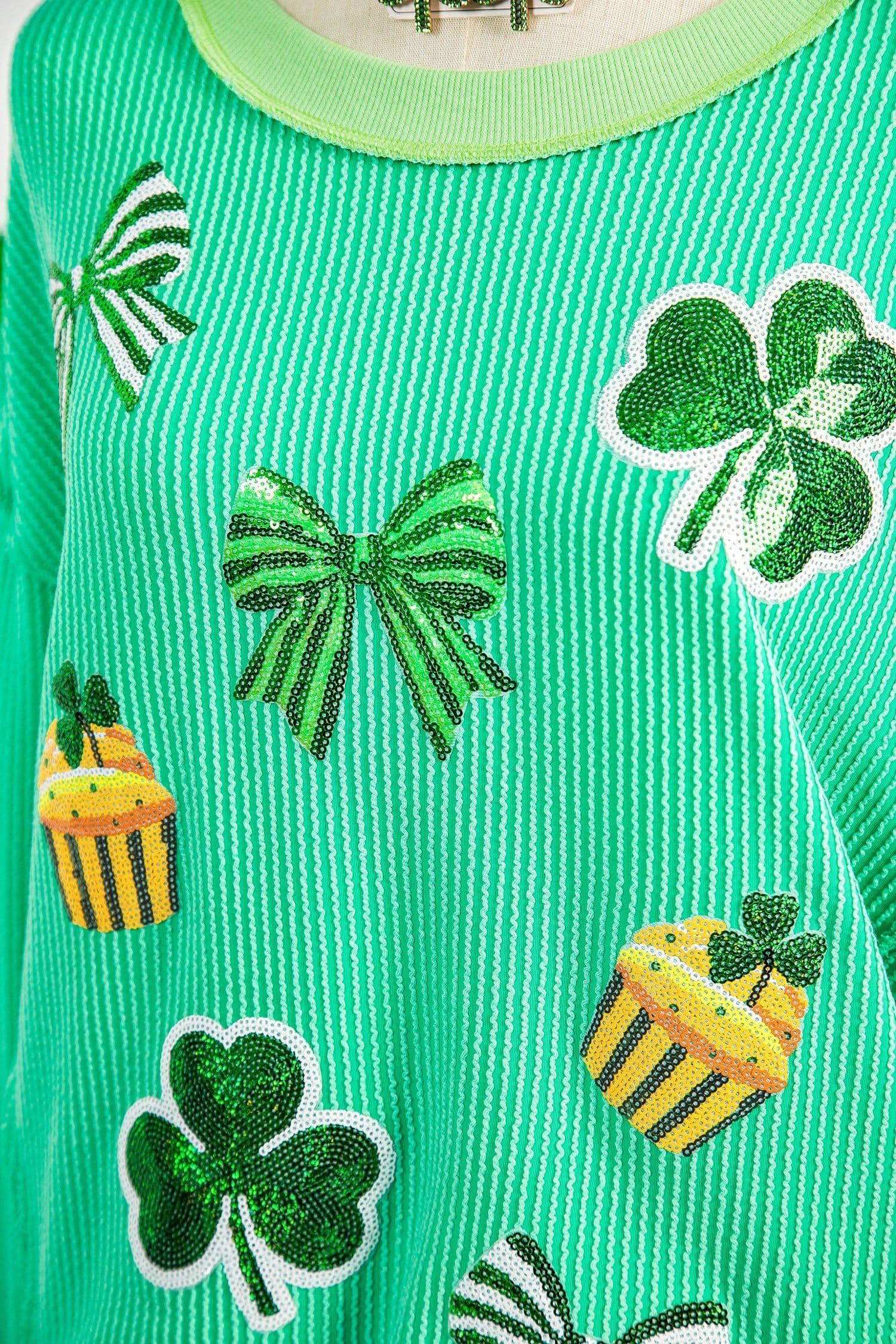 image-Bright Green Twisted Rib St Patricks Day Sequin Patch Graphic Long Sleeve Top