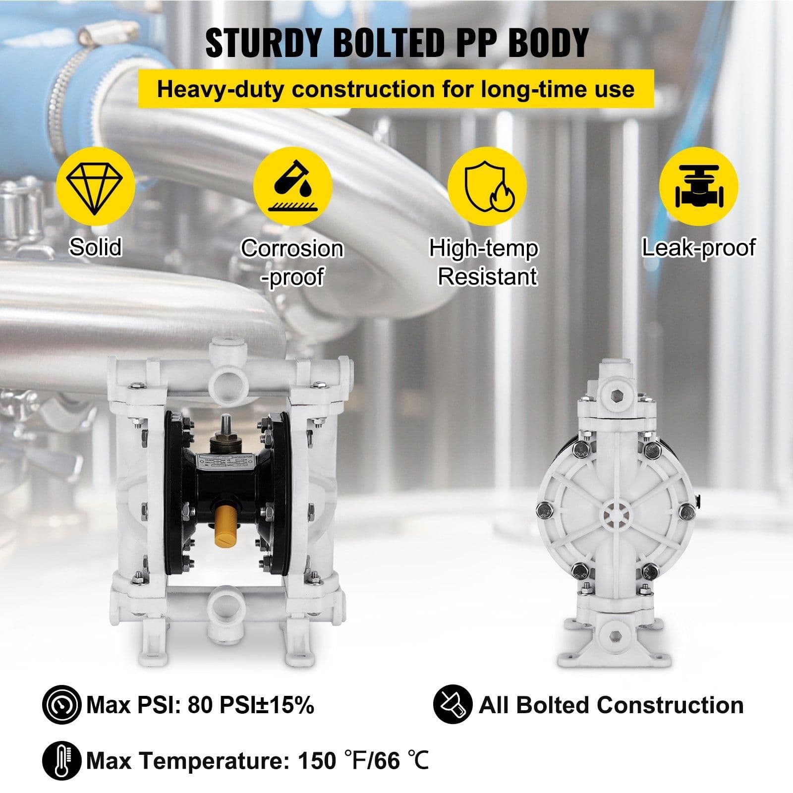 image-VEVOR Air-Operated Double Diaphragm Pump, 1/2 in Inlet & Outlet, Polypropylene Body, 2.5 GPM & Max 80PSI, PTFE Diaphragm Pneumatic Transfer Pump for Petroleum, Diesel, Oil & Low Viscosity Fluids