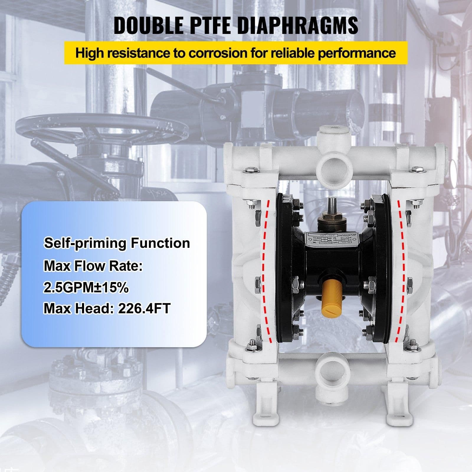 image-VEVOR Air-Operated Double Diaphragm Pump, 1/2 in Inlet & Outlet, Polypropylene Body, 2.5 GPM & Max 80PSI, PTFE Diaphragm Pneumatic Transfer Pump for Petroleum, Diesel, Oil & Low Viscosity Fluids