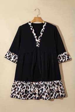 image-Black Plus Size Leopard Patchwork V-Neck Dress