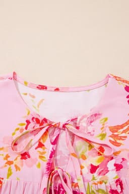 image-Pink Floral Print Tie Neck Puffy Half Sleeve Blouse