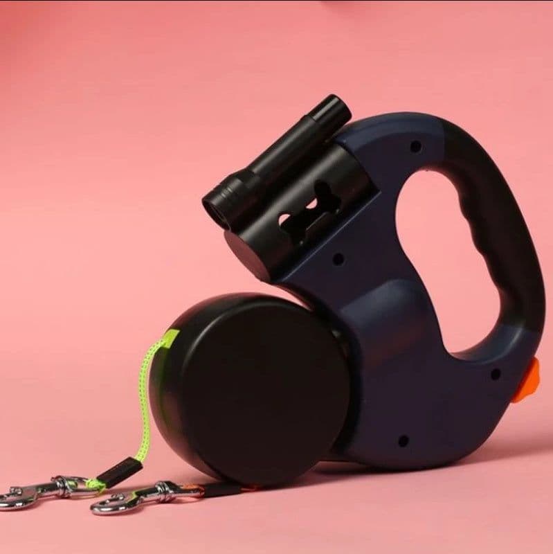 image-Dual Headed Pet Leashes with Flashlight Garbage Bag Box Automatic Retractable Dogs Traction Rope