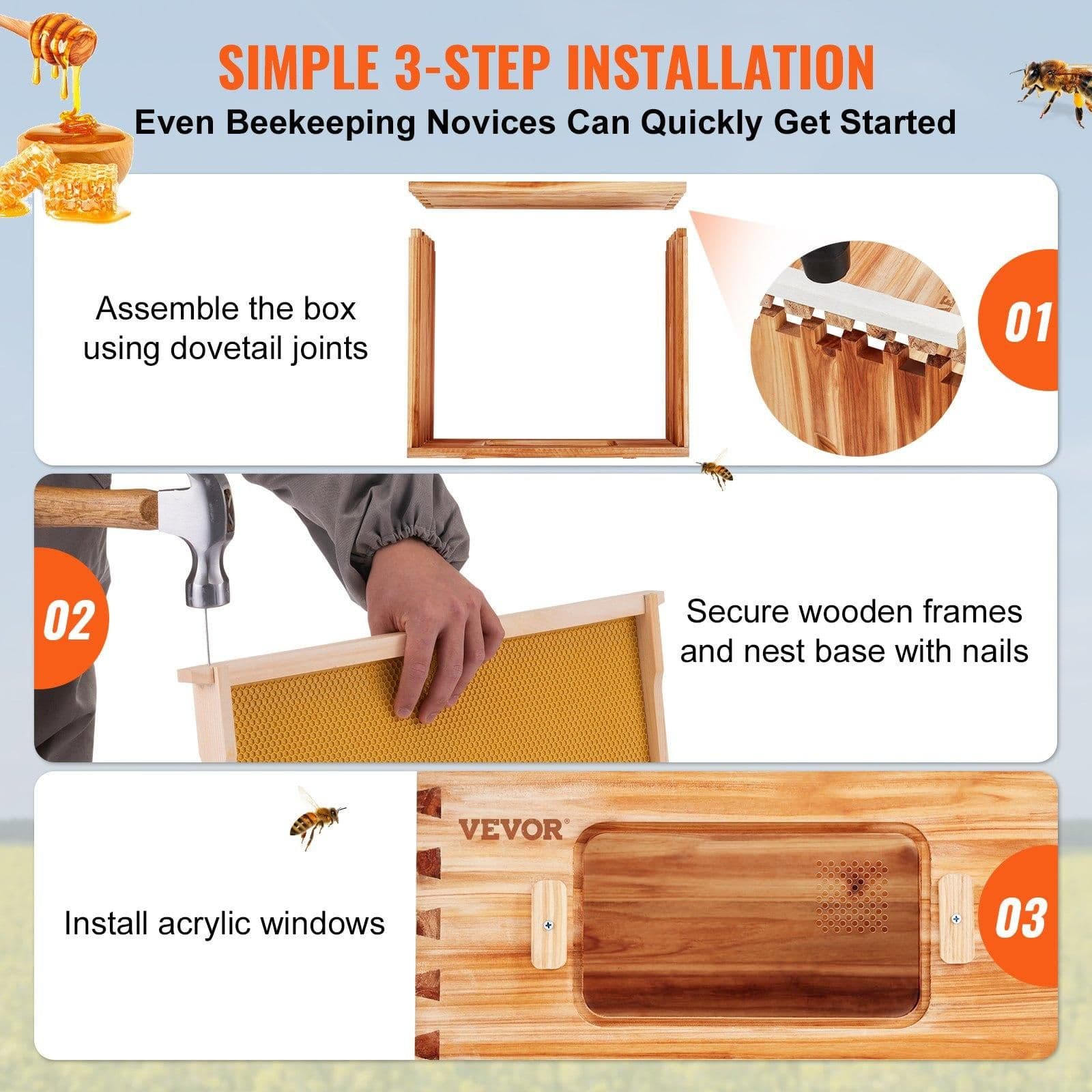 image-VEVOR Bee Hive Medium Box Starter Kit, 100% Beeswax Coated Natural Cedar Wood, Langstroth Beehive Kit with 10 Frames and Foundations, Transparent Acrylic Bee Windows for Beginners and Pro Beekeepers